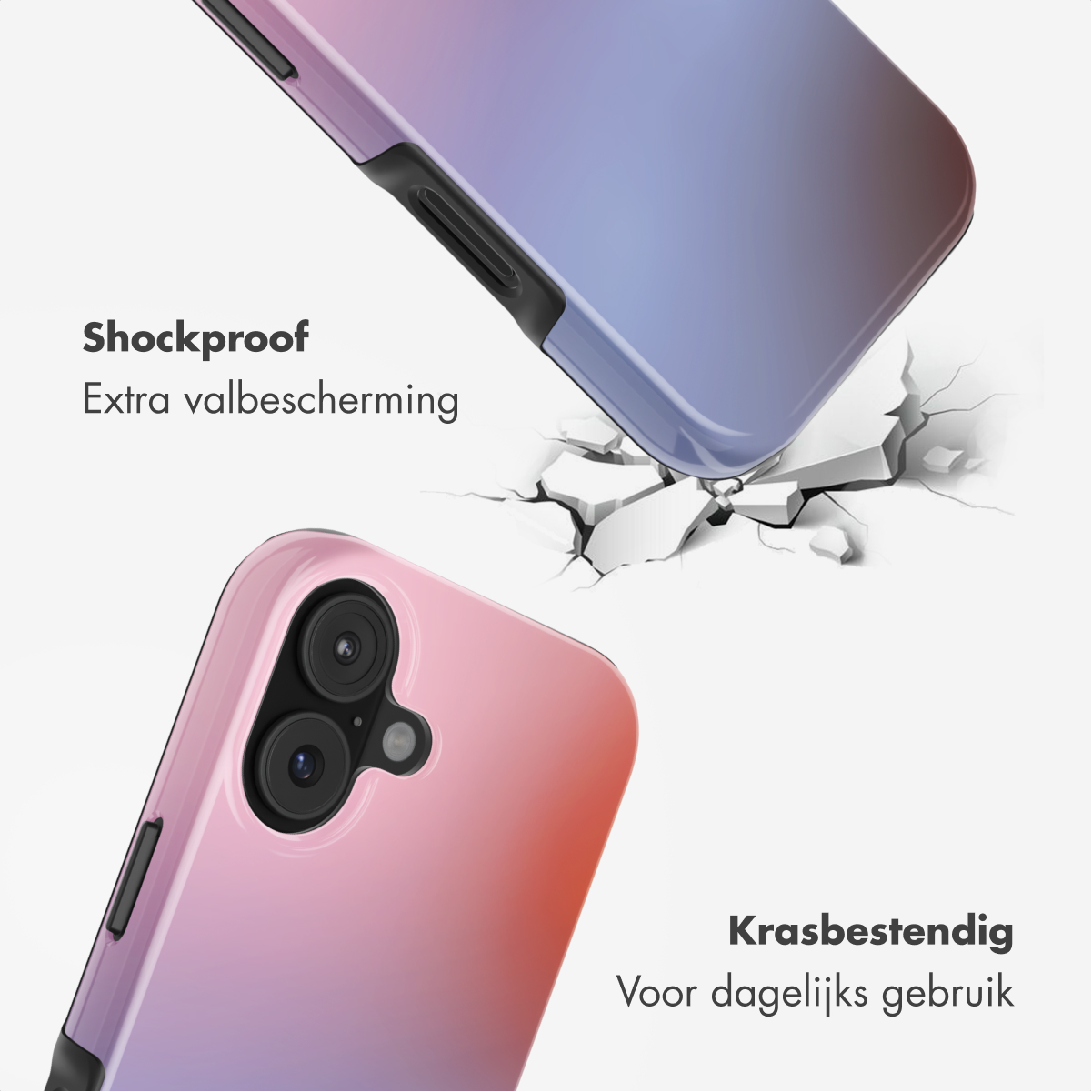 Twee telefoonhoesjes, één paars, één roze, lijken te beschermen tegen impact. De achtergrond toont scheuren alsof de telefoon viel.