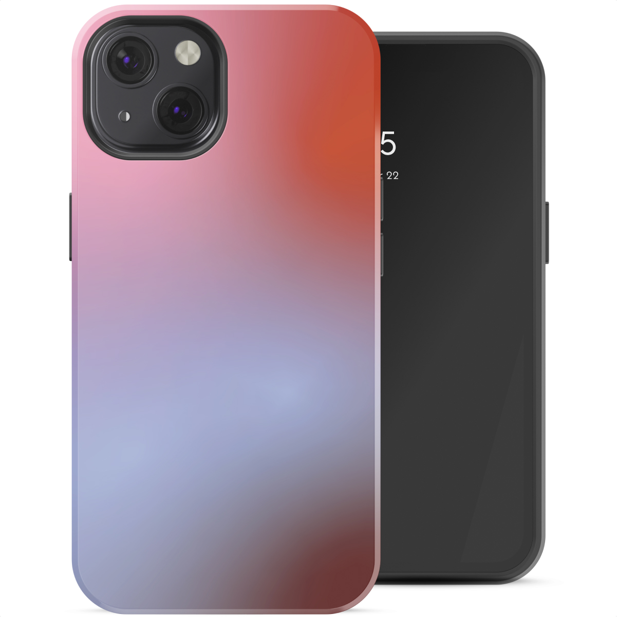 Uno smartphone con custodia sfumata, dal rosso al viola e al blu. Accanto, uno smartphone nero con schermo.