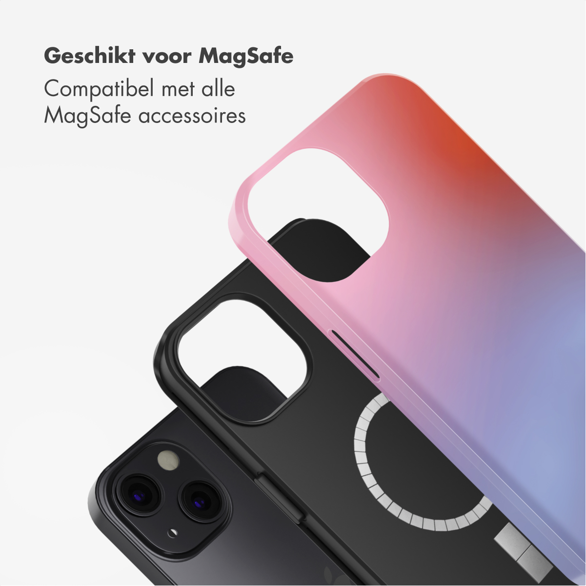 Tre custodie per telefono: nere, sfumate rosa/viola e nere. Testo: Adatto per MagSafe, Compatibile con tutti gli accessori MagSafe.