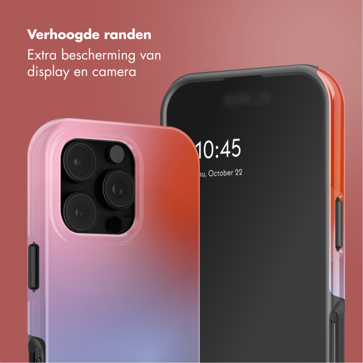Due smartphone con custodie protettive. Una custodia è rosa e viola, l'altra arancione e nera. Lo schermo mostra l'ora.
