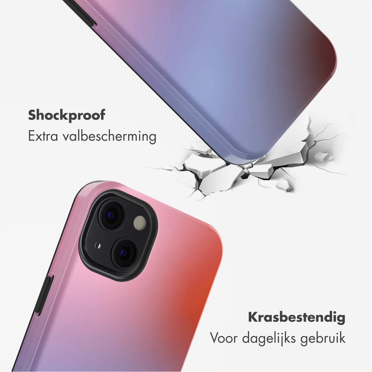 Vengono mostrate due custodie per telefono, una viola e una rosa. La custodia viola sembra rompere la superficie, mentre quella rosa è intatta.