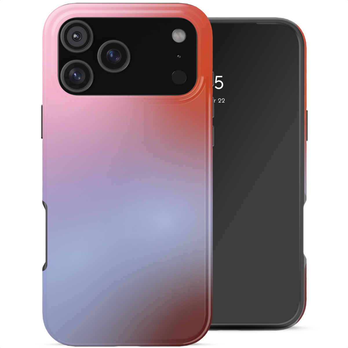 Een smartphone in een gradient hoesje. De hoes gaat van rood naar paars, met een zwarte cameramodule en scherm zichtbaar.