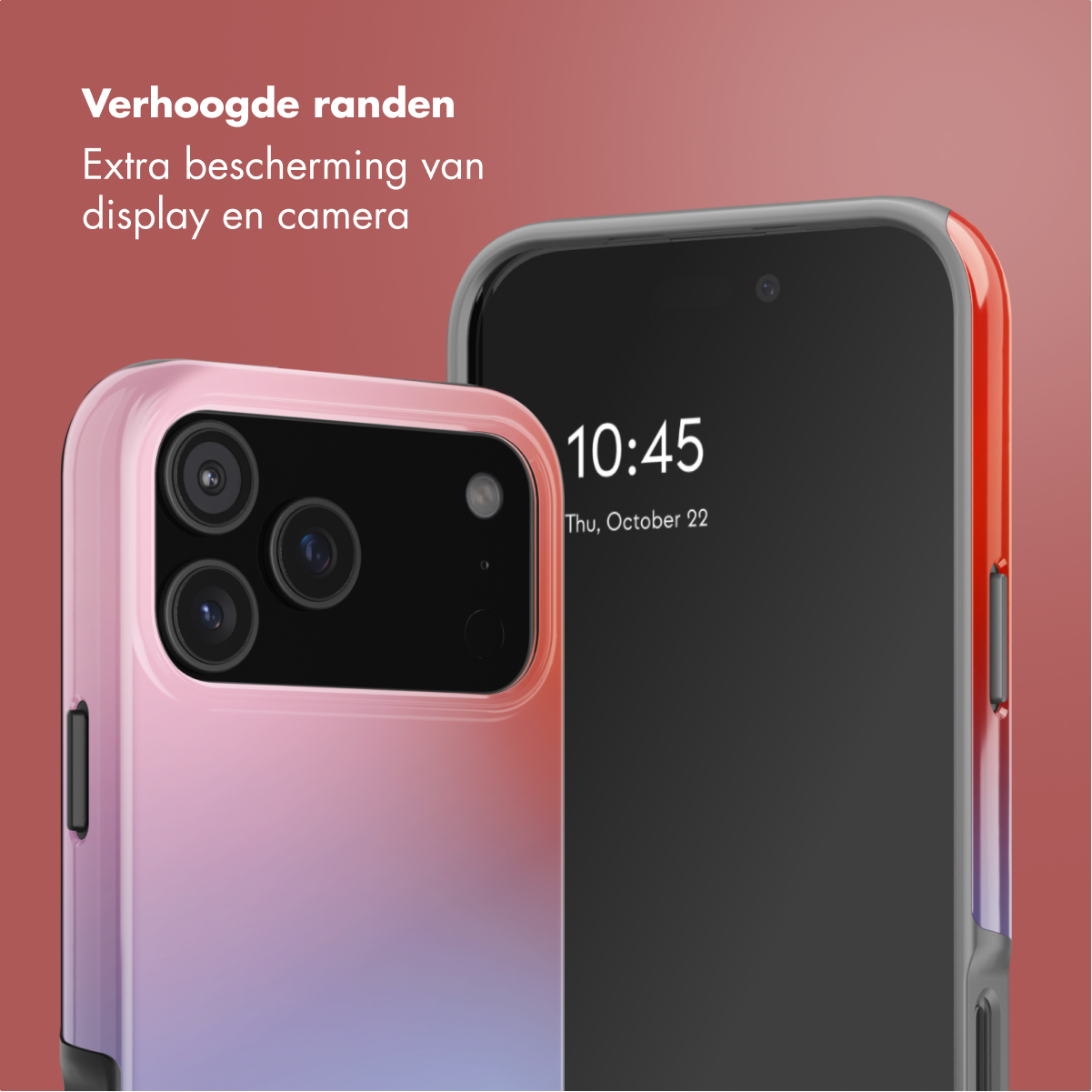 Twee smartphones met hoesjes. Eén roze, één zwart. De roze telefoon toont drie camera's. De zwarte toont de tijd.