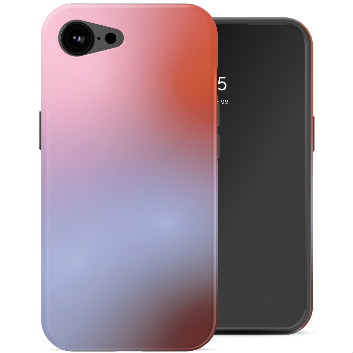 Een smartphone met een kleurrijke hoes. De hoes heeft een verloop van roze, oranje en blauw. Het scherm is zwart en toont de tijd.