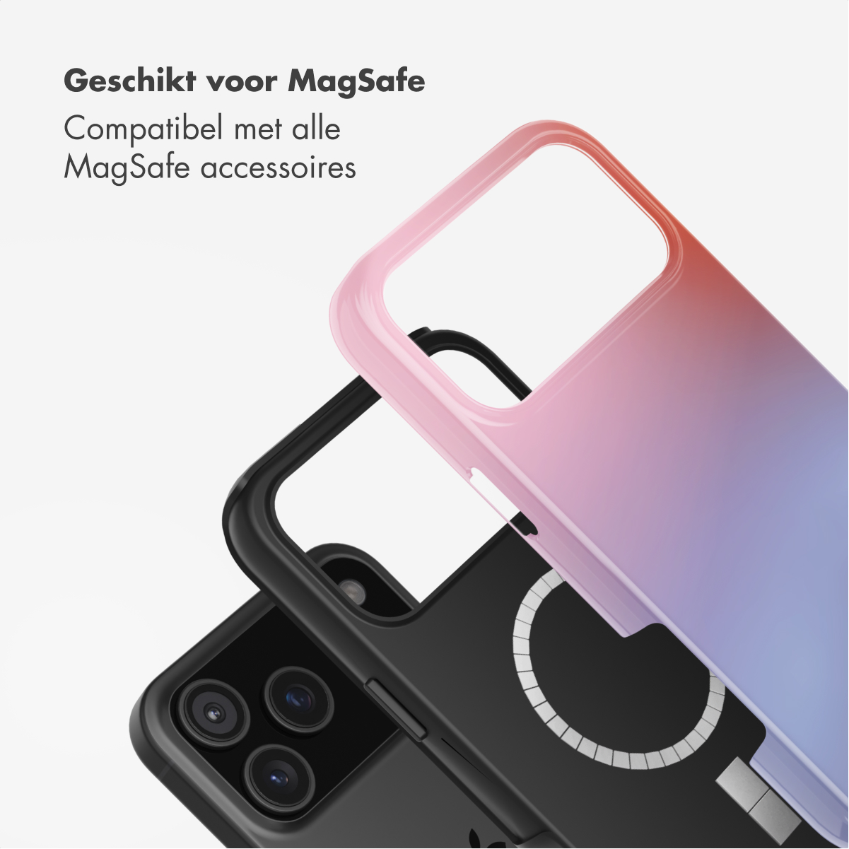 Er wordt een telefoonhoesje getoond, met een roze-paarse gradiënt cover over een zwarte telefoonhoes. De tekst bovenaan luidt: Geschikt voor MagSafe.