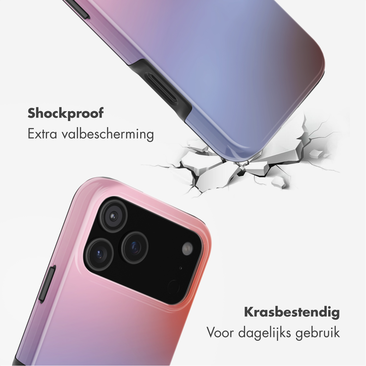 Twee telefoonhoesjes, één roze en paars, de andere paars, lijken te vallen en de grond eronder te kraken. Tekst: 'Schokbestendig'.