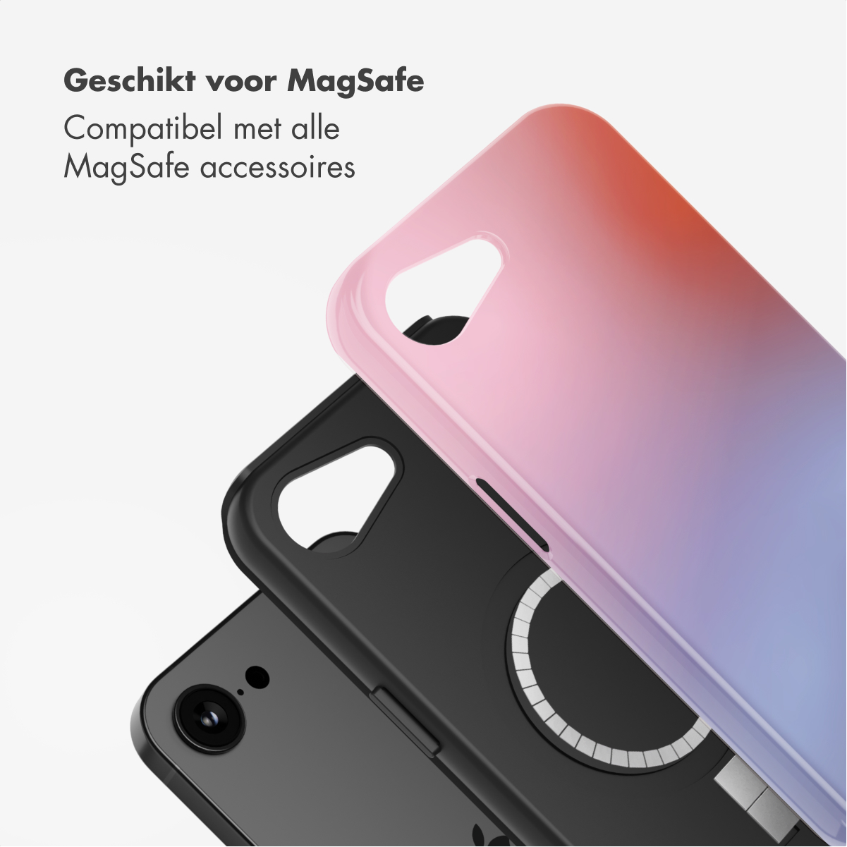 Een telefoonhoesje met een verloop van roze naar paars, over een zwarte hoes en telefoon. Tekst luidt: Geschikt voor MagSafe en compatibele accessoires.