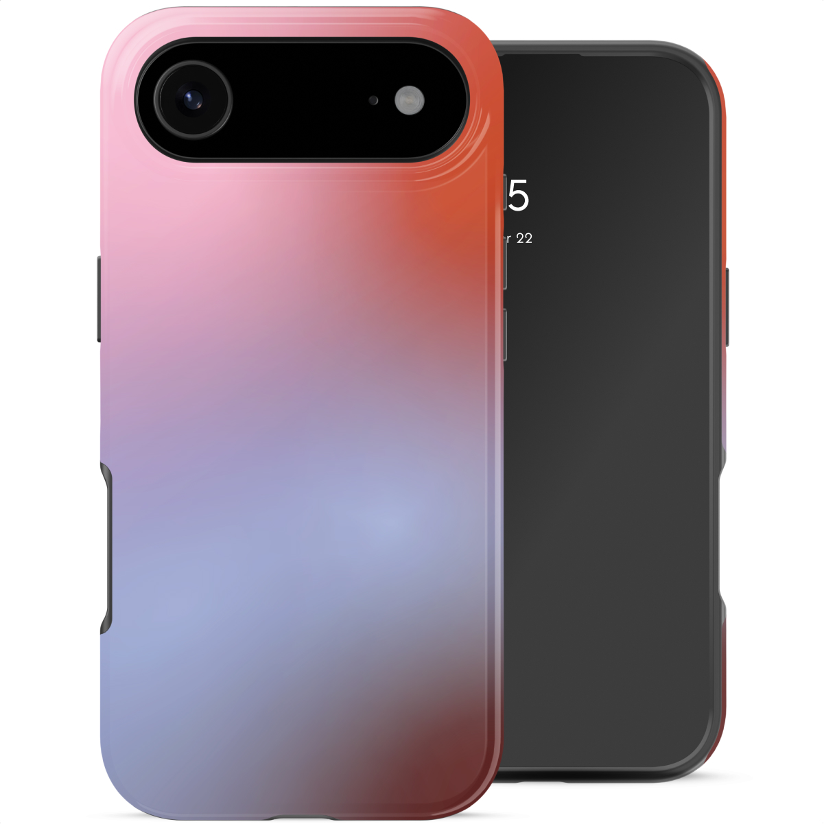 Un smartphone dans un étui dégradé. L'étui passe du rouge au violet, avec un écran noir affichant la date.