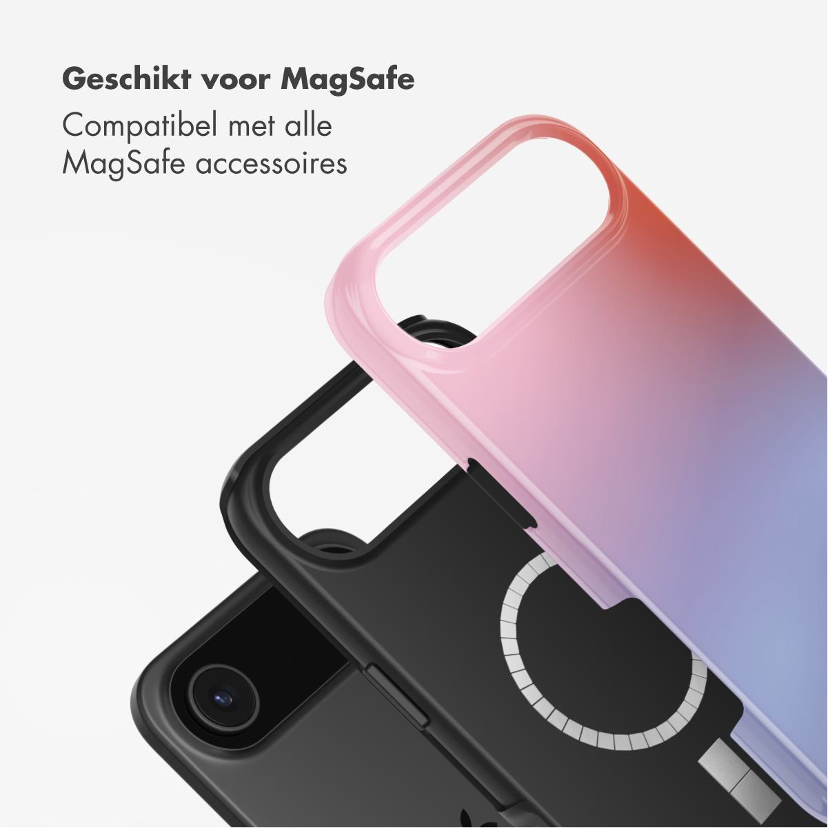 Une coque de téléphone, dégradé noir et rose, près d'un téléphone noir. Texte : 'Geschikt voor MagSafe', 'Compatibel met alle MagSafe accessoires'.