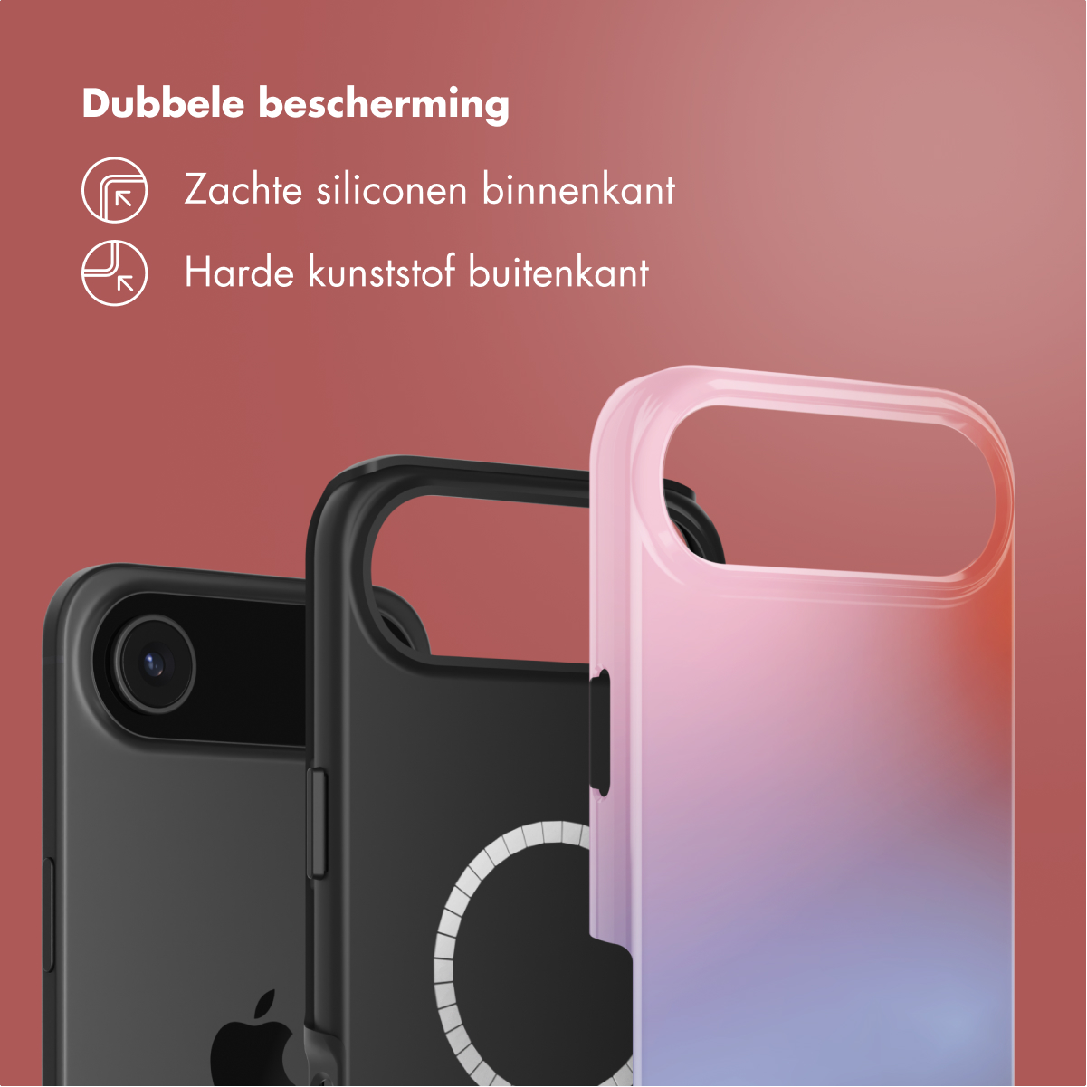 Trois coques de téléphone : noir, noir avec anneau blanc et dégradé rose. Le texte dit : Double protection, silicone souple à l'intérieur, plastique dur à l'extérieur.