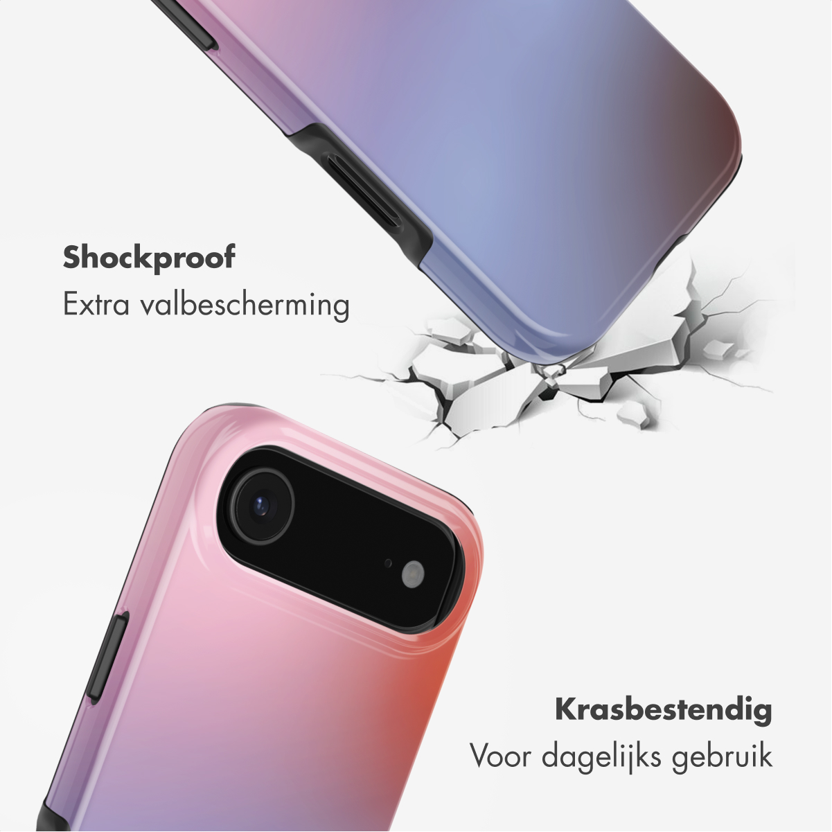 Deux coques de téléphone, roses et violettes, semblent tomber sur une surface fissurée. Le texte dit 'Antichoc' et 'Résistant aux rayures'.