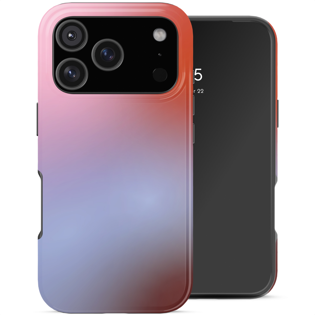 Un smartphone dans un étui dégradé. L'étui a un dégradé de rose à violet. Le téléphone est noir.