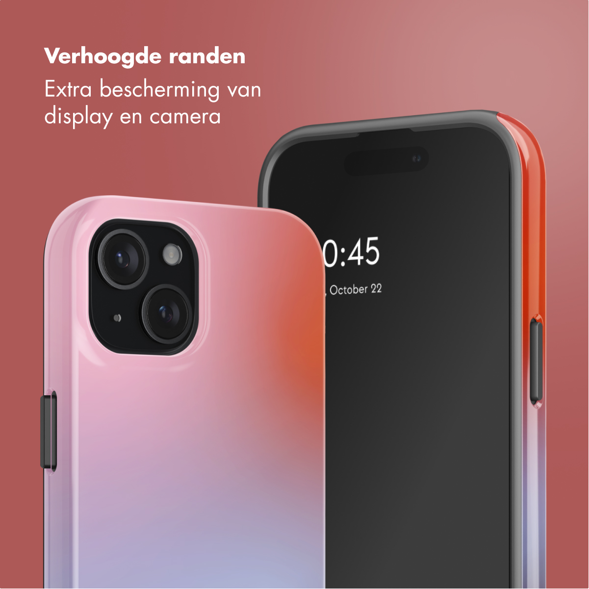 Twee smartphones met hoesjes. Eén roze en paars, de ander zwart met oranje accenten. Tekst: extra bescherming voor scherm en camera.
