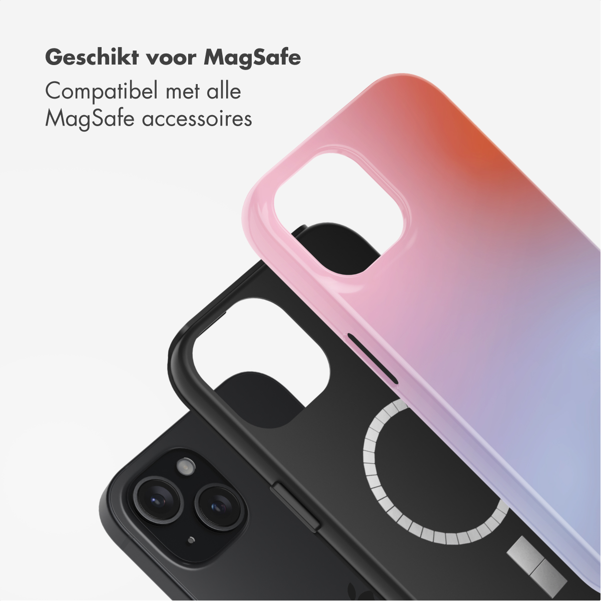 Drie telefoonhoesjes: roze, zwart en een zwarte telefoon. De roze hoes loopt van roze naar blauw. Tekst: Geschikt voor MagSafe.