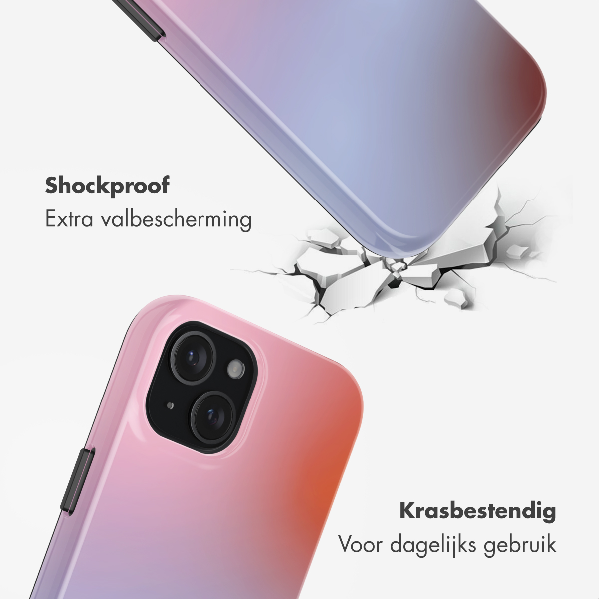 Twee telefoonhoesjes, één valt en barst de grond. De onderste hoes is roze en de vallende is paars. Tekst: Schokbestendig, Krasbestendig.