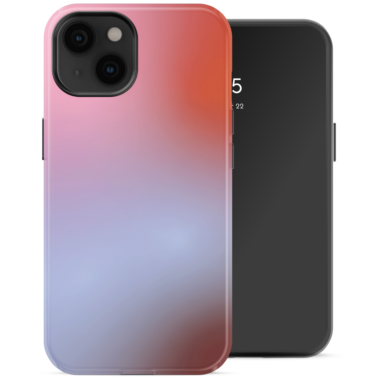 Un smartphone avec un étui dégradé. L'étui a des couleurs allant du rouge au violet. L'autre téléphone est noir.