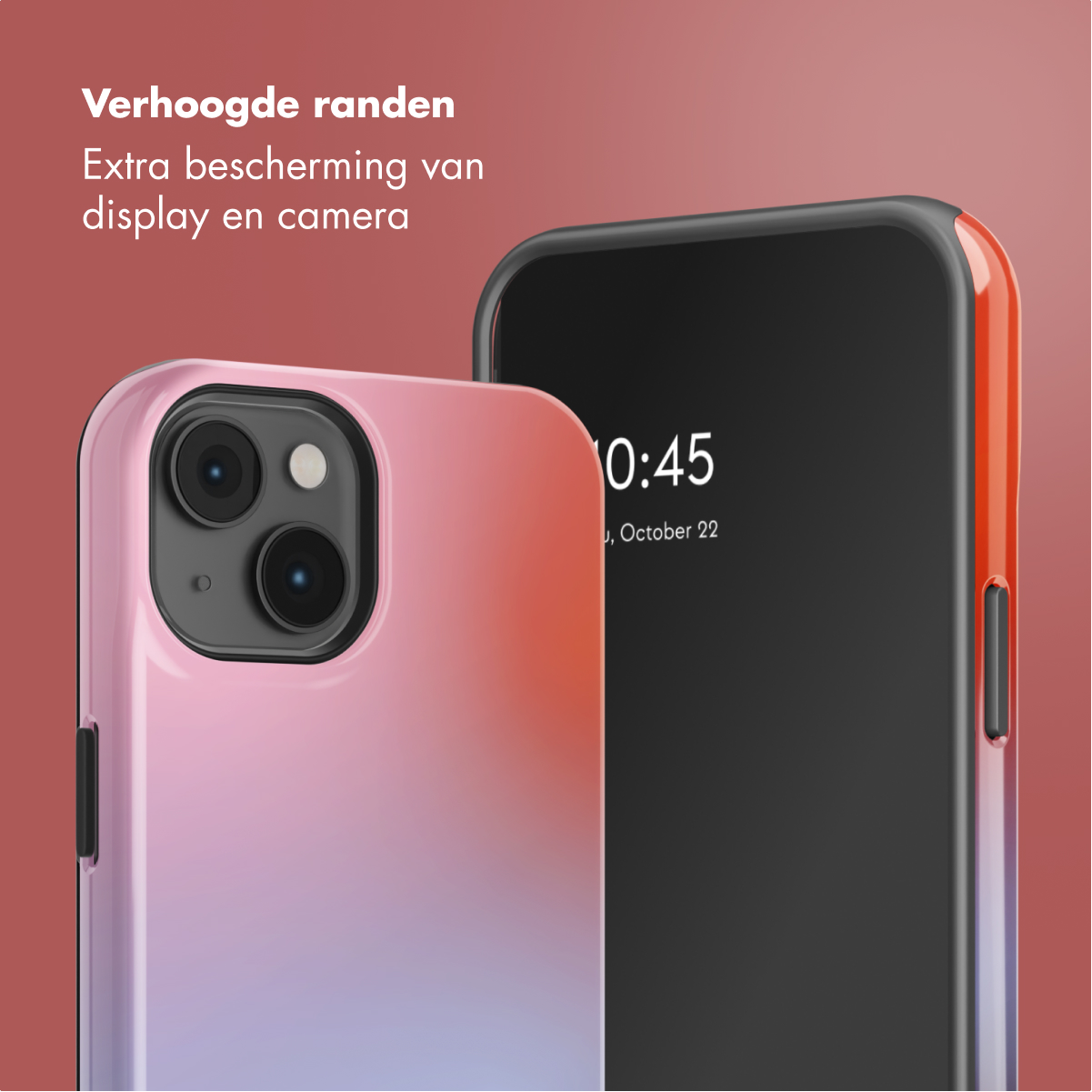 Deux smartphones, un rose et un noir, sont affichés. Le téléphone rose est dans un étui. Le téléphone noir affiche l'heure 10h45.