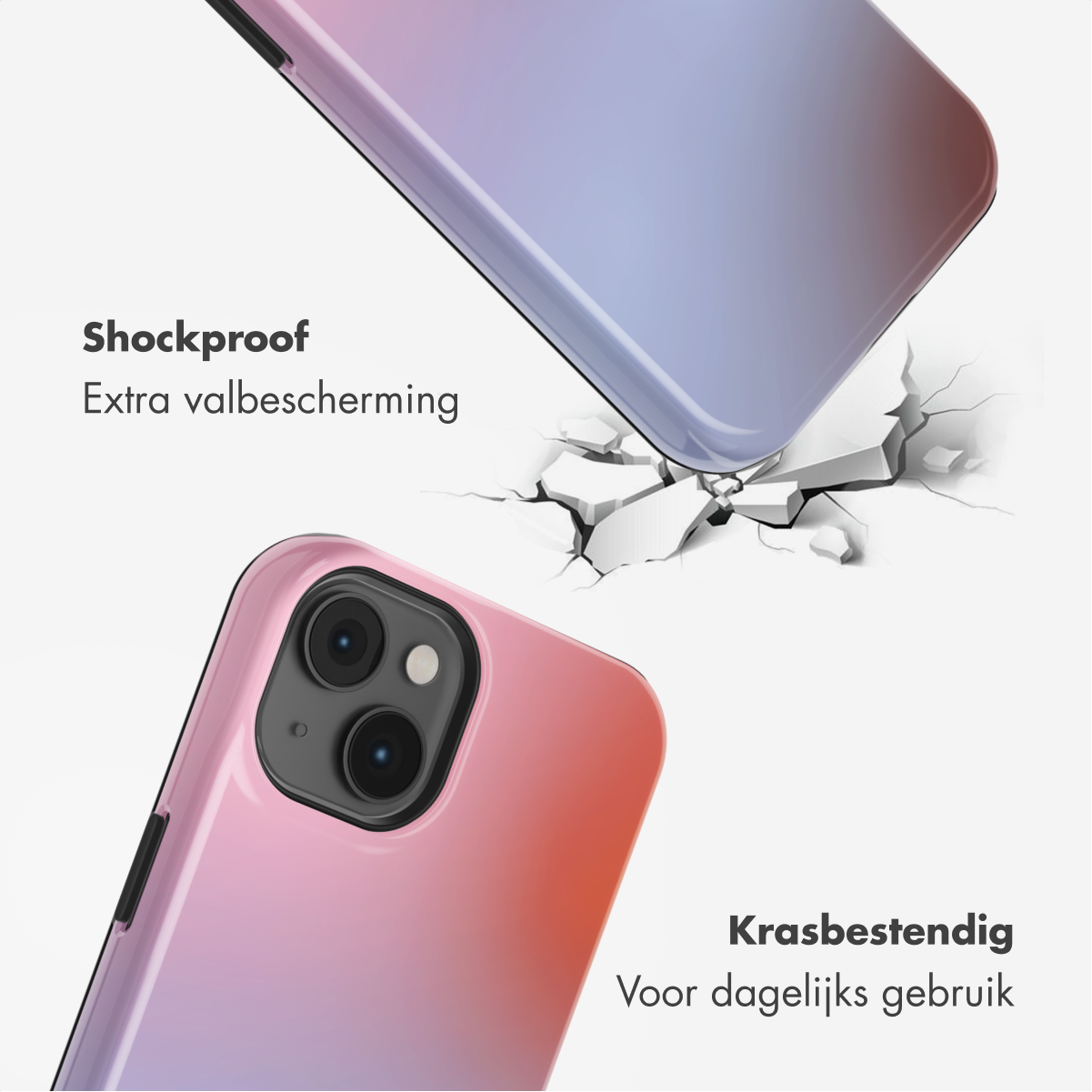 Deux coques de téléphone, une tombant et cassant une surface. Les coques ont une couleur dégradée. Texte : Antichoc, Résistant aux rayures.
