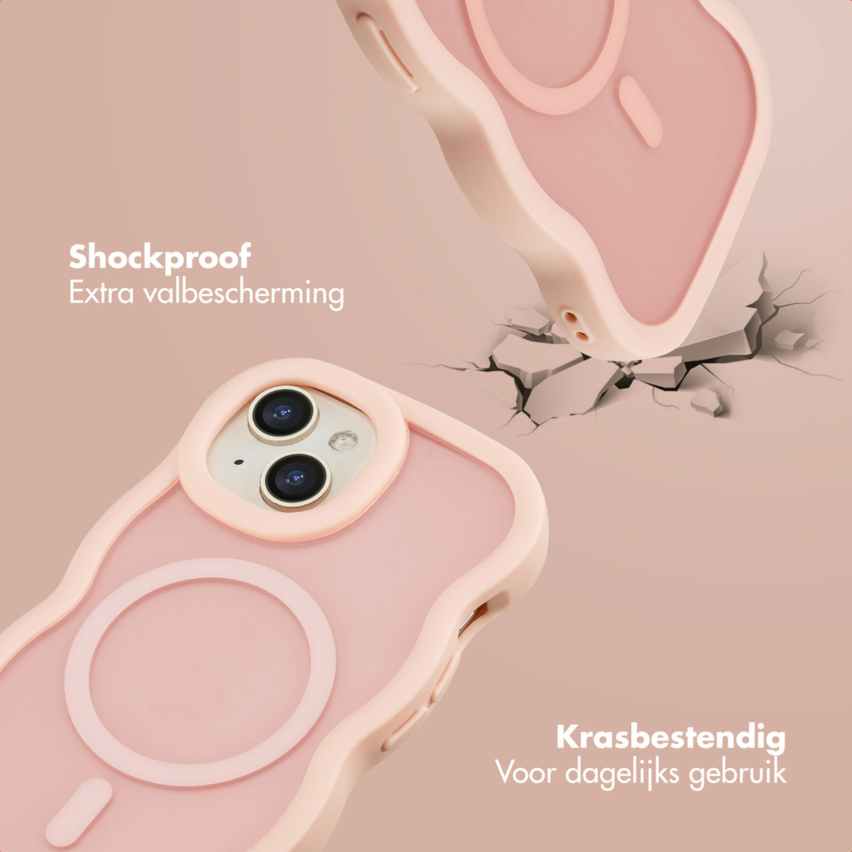 Pink phone cases, one above cracked surface. Shockproof and scratch-resistant text. Phone lens visible.