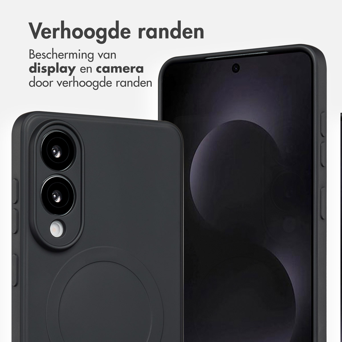 Zwarte telefoonhoes met verhoogde randen die scherm en camera beschermen. Toont een telefoon met zwart scherm.