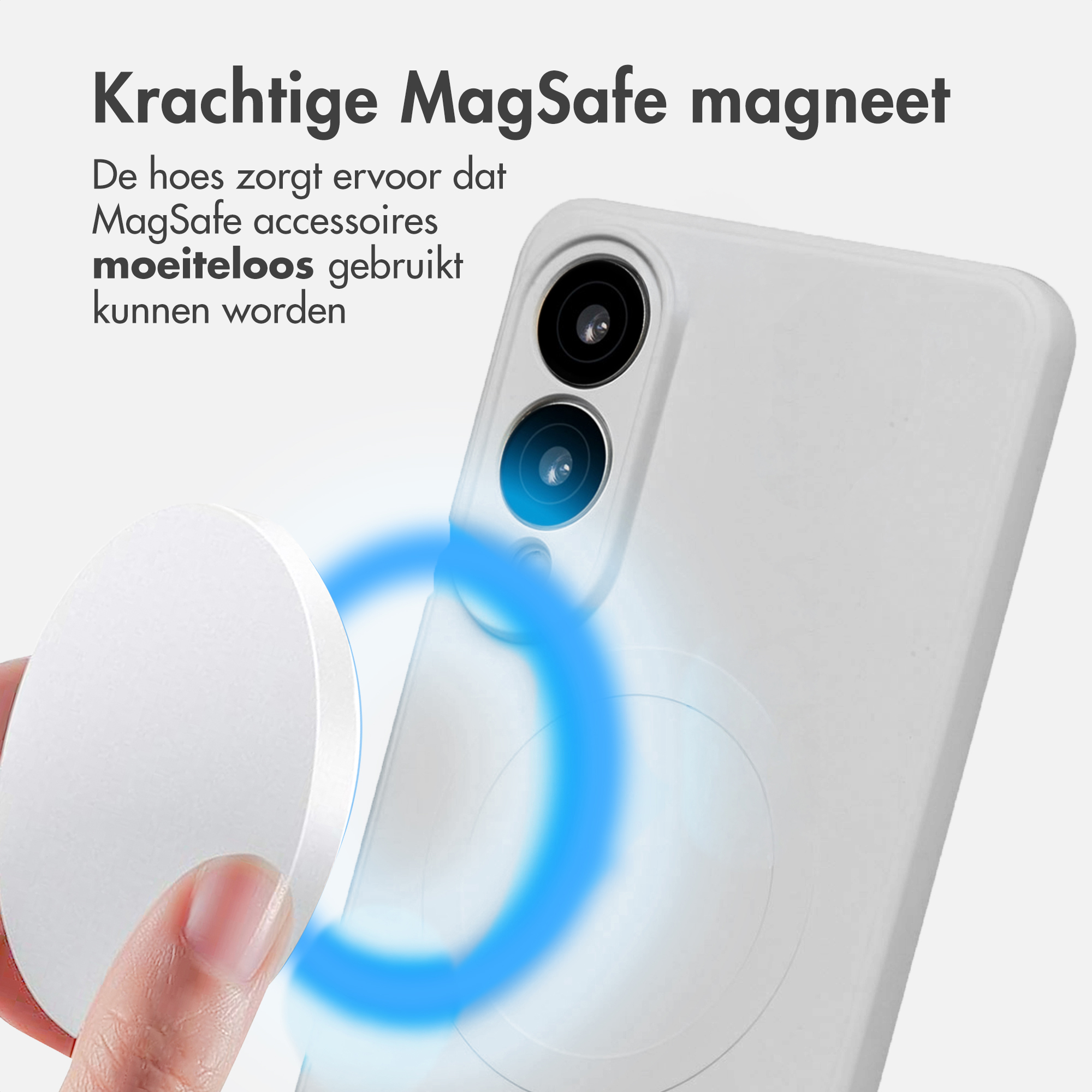 Een witte telefoonhoes met een MagSafe-accessoire dat wordt bevestigd. Een blauwe cirkel toont de magnetische kracht.