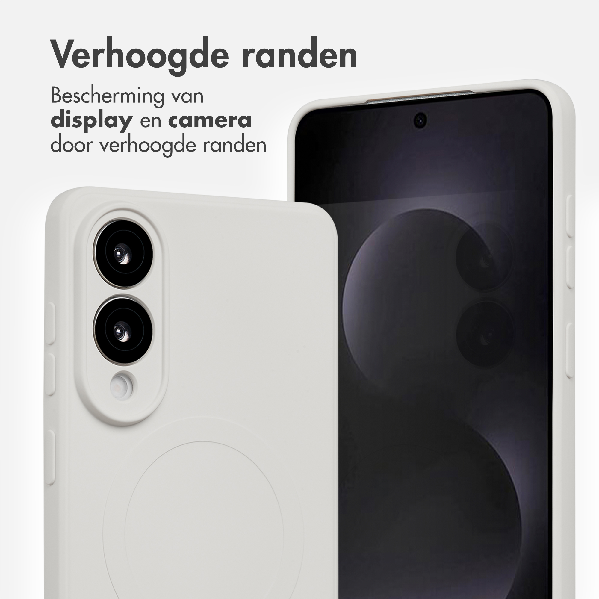 Een witte telefoonhoes beschermt een telefoon. Tekst benadrukt display- en camerabescherming.