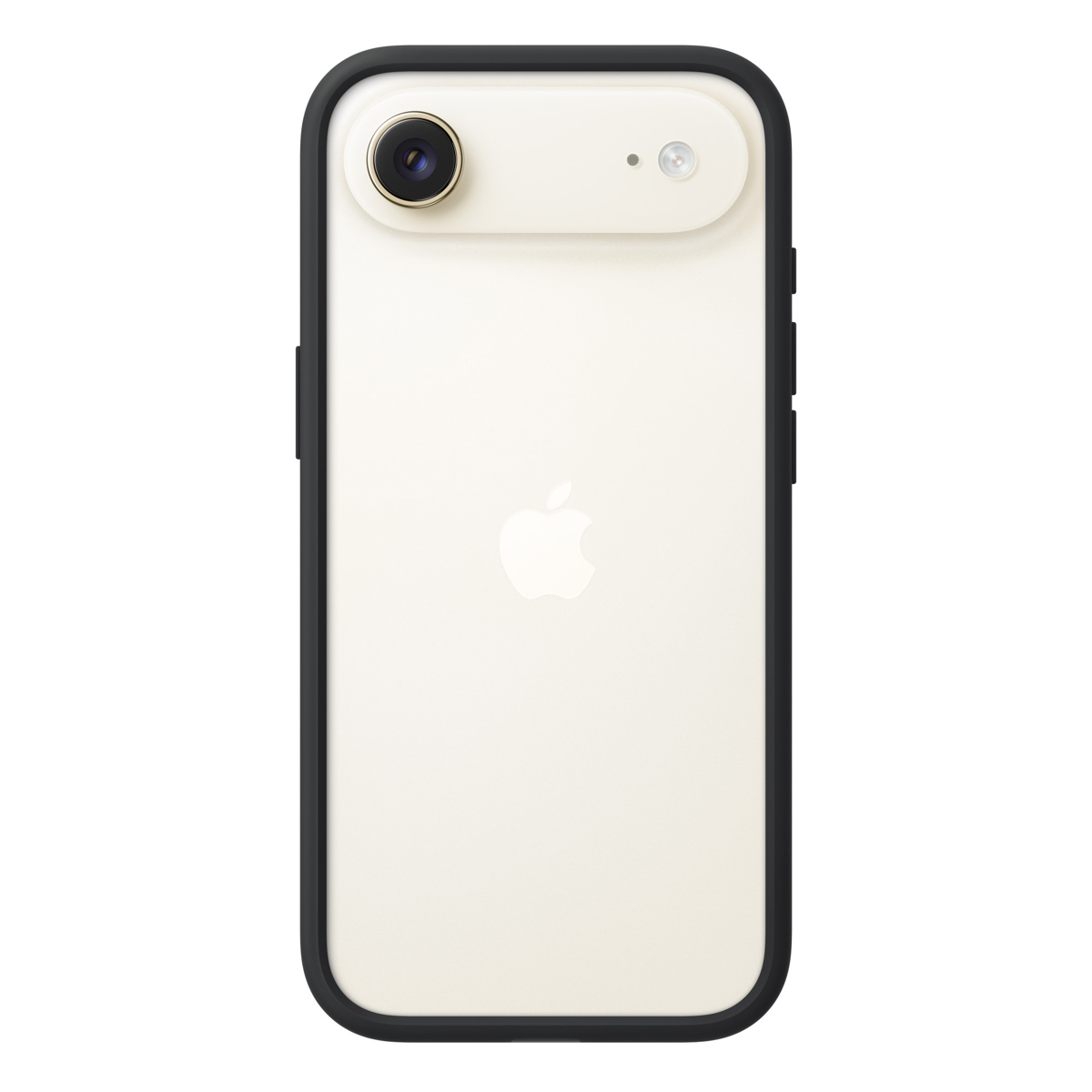 Un iPhone crema con una funda negra. Tiene una cámara y un flash en la parte superior, y el logotipo de Apple es visible.