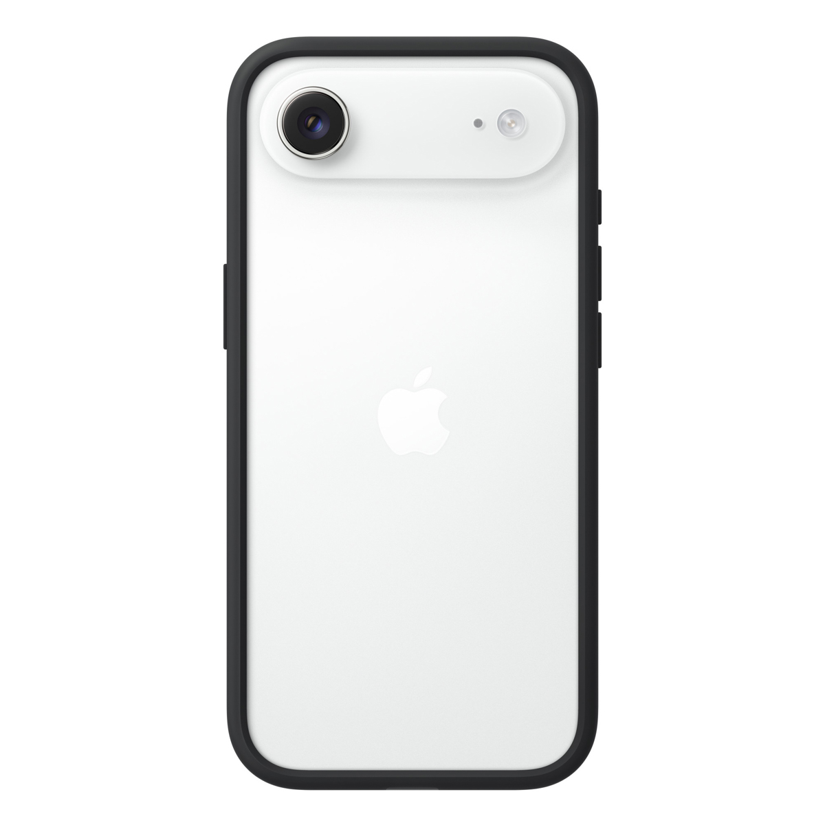 Parte trasera blanca de un iPhone SE con funda negra. Cámara y flash arriba. El logo de Apple en el medio.