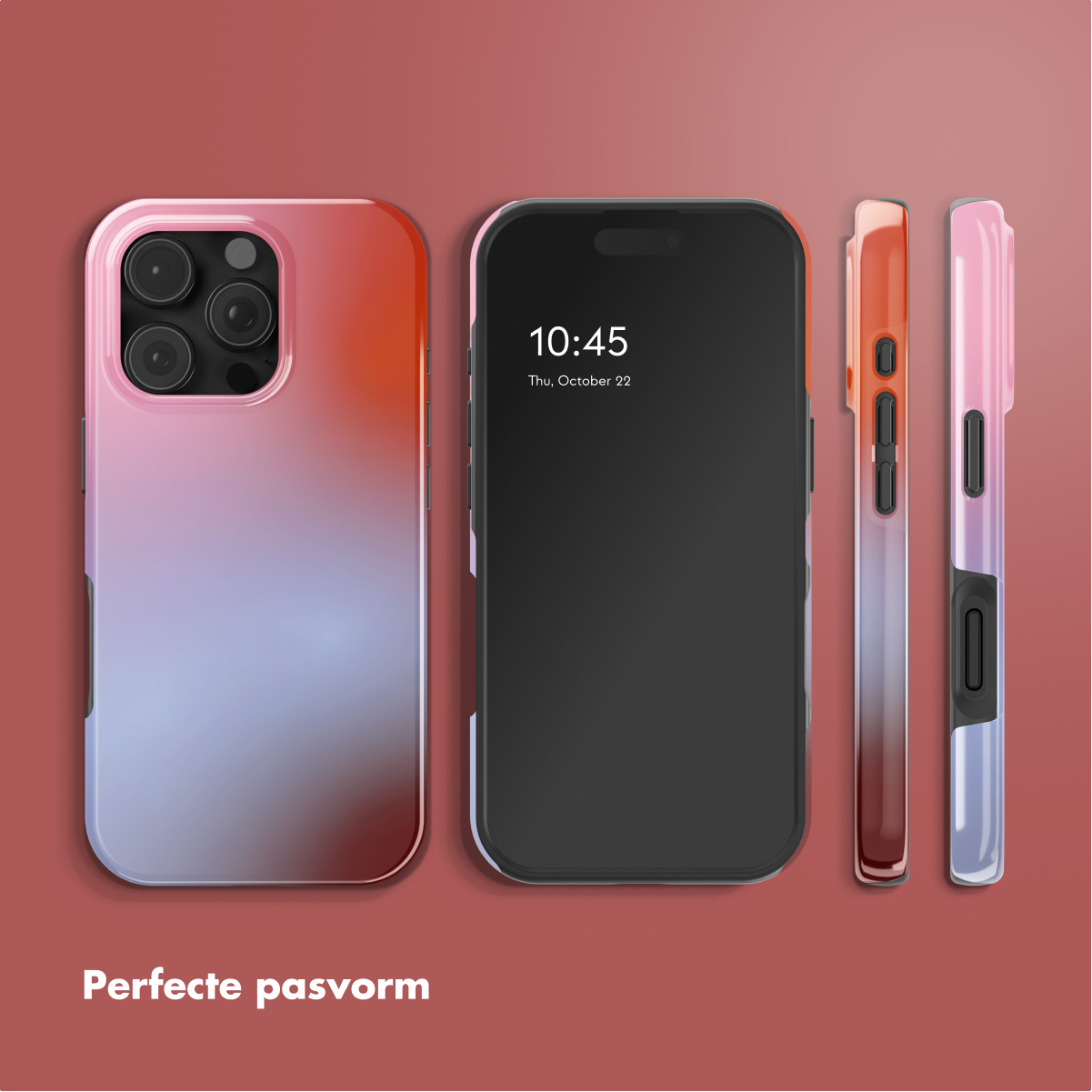 Een telefoon en hoesjes met kleurverlopen worden op een rode achtergrond weergegeven. De telefoon toont de tijd en datum.