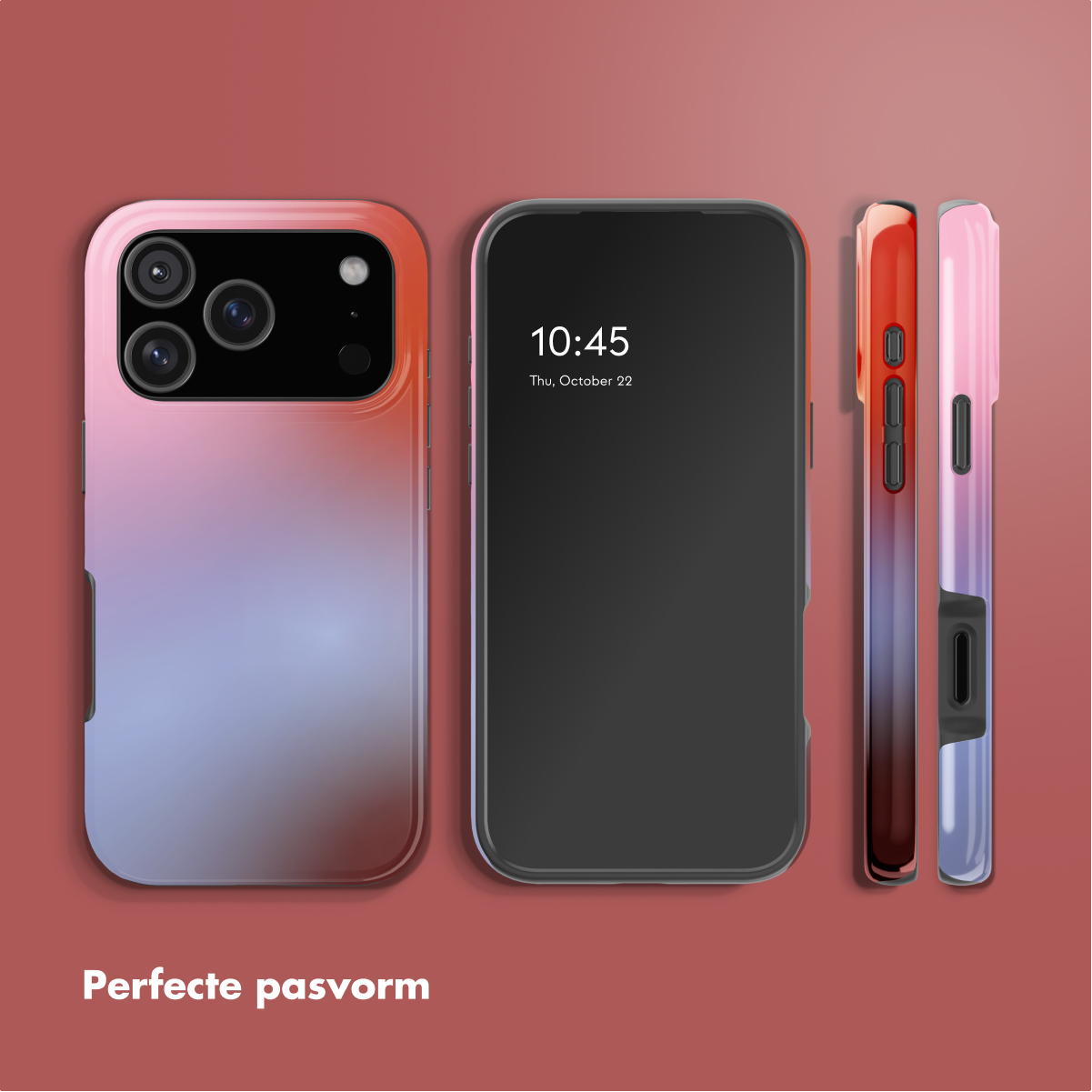Trois téléphones avec des étuis colorés. L'un est allumé, affichant l'heure. Les autres montrent le design de l'étui.