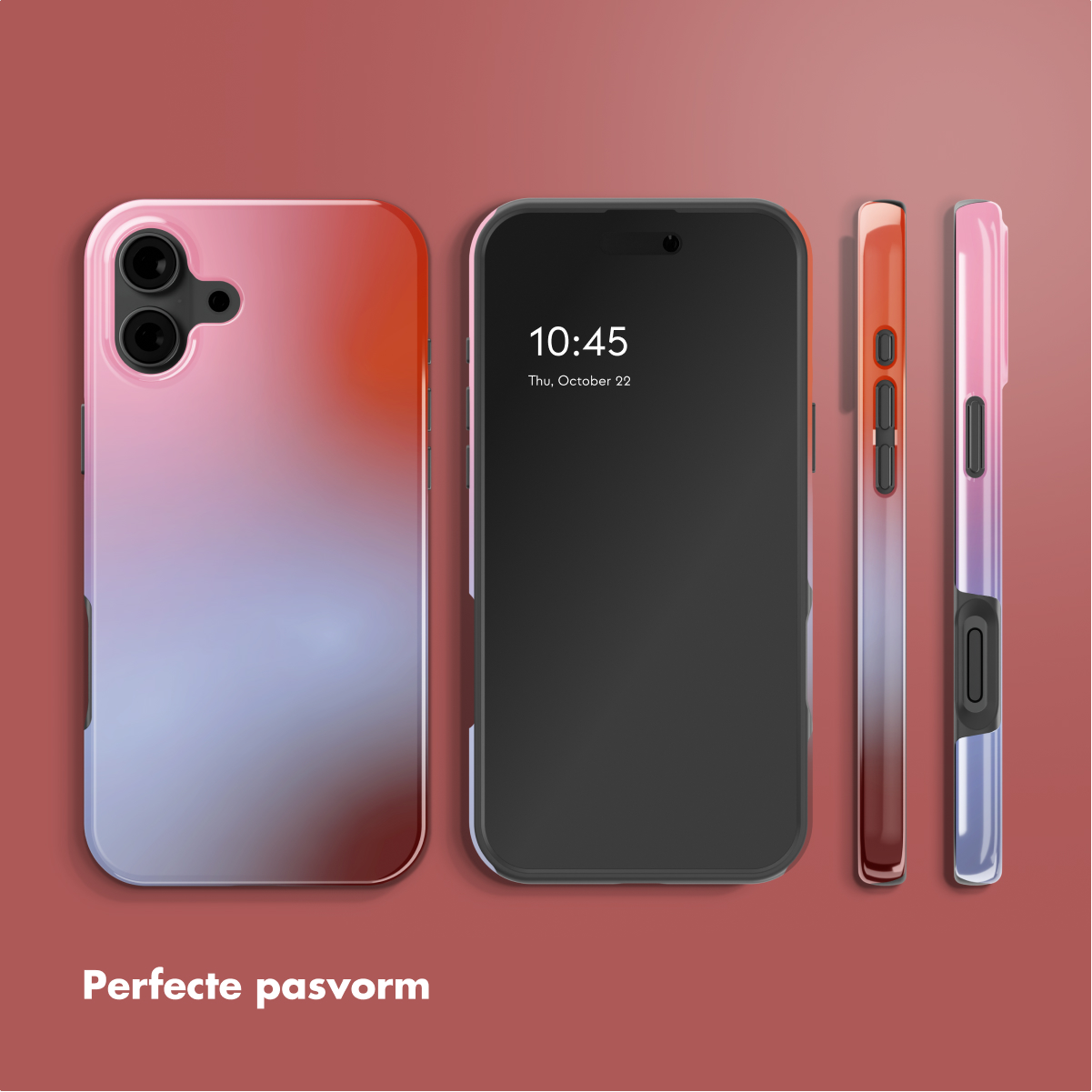 Un telefono e la sua custodia con una sfumatura di rosa, arancione e blu. Il telefono mostra l'ora. La custodia è accanto al telefono.