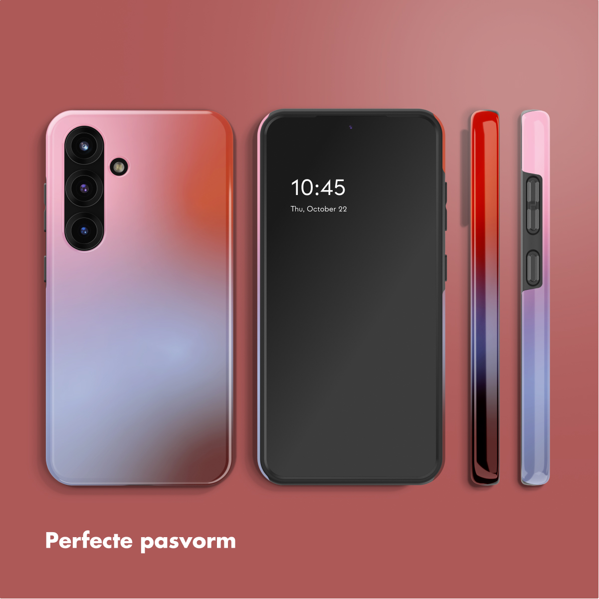 Afbeelding toont telefoons en hoesjes in roze, rode en blauwe kleurverlopen. Eén telefoon toont de tijd 10:45.