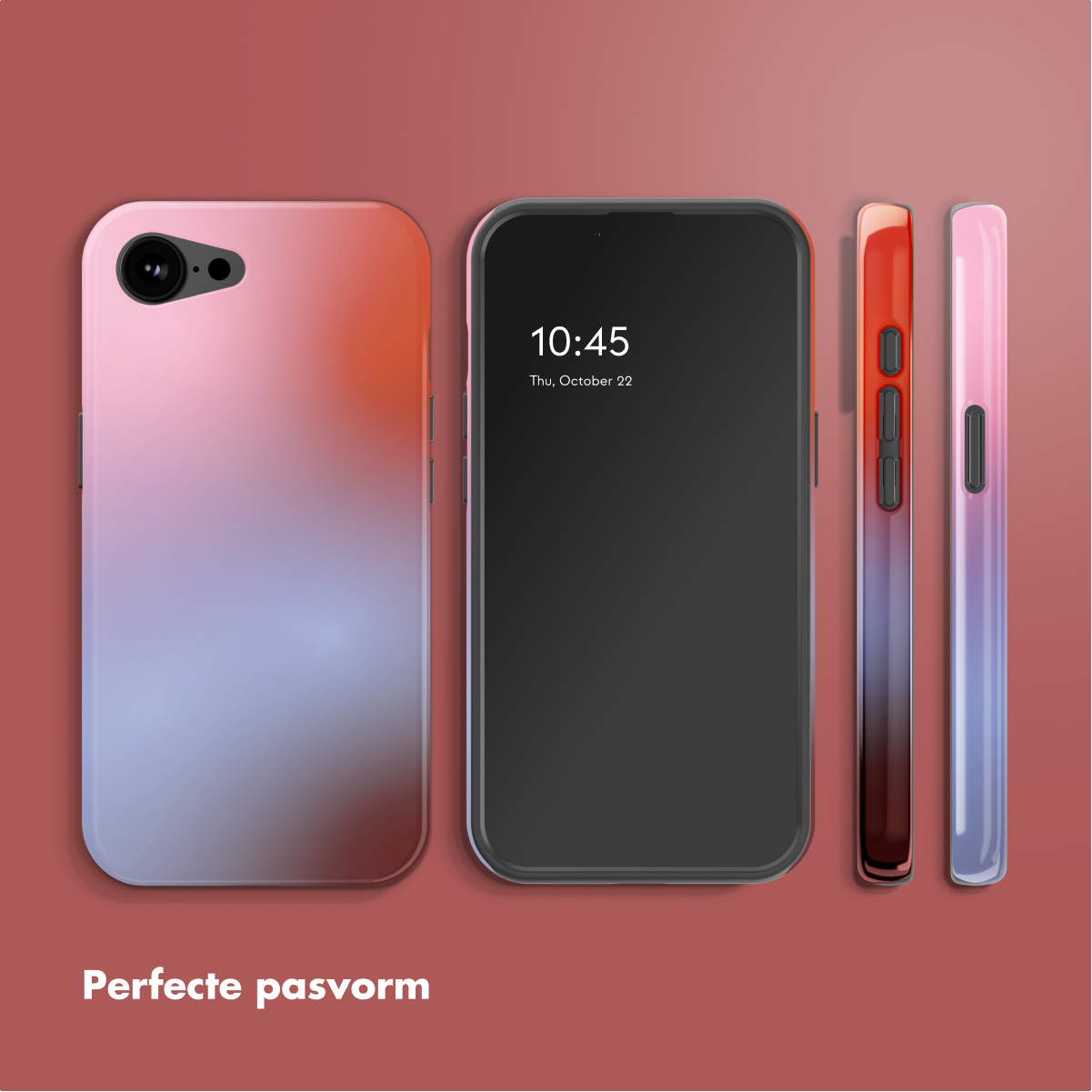 Een telefoon en drie hoesjes. De telefoon toont de tijd. Hoesjes hebben kleurovergangen: roze, oranje, paars en blauw.