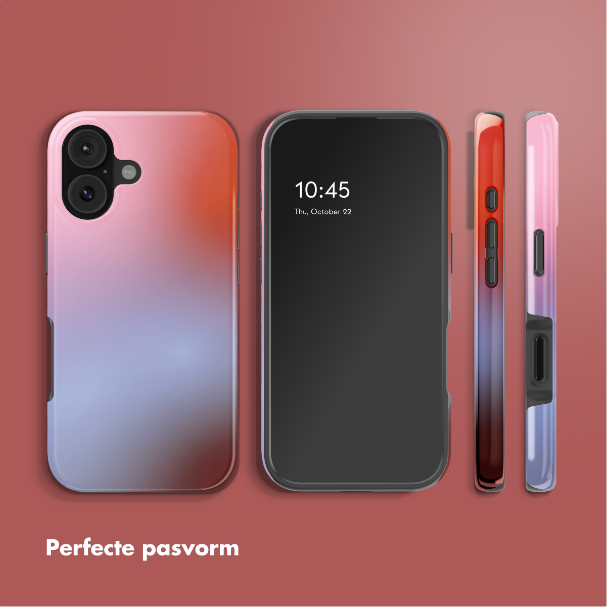 Een telefoonhoesje met een gradiëntontwerp in roze, oranje en blauw, met een telefoon die de tijd aangeeft, en twee zijaanzichten.