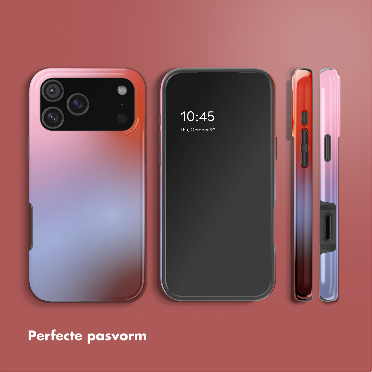 Drie telefoons met verloop hoesjes worden getoond. Eén telefoon toont de tijd. De hoesjes zijn roze, rood en blauw op een rode achtergrond.