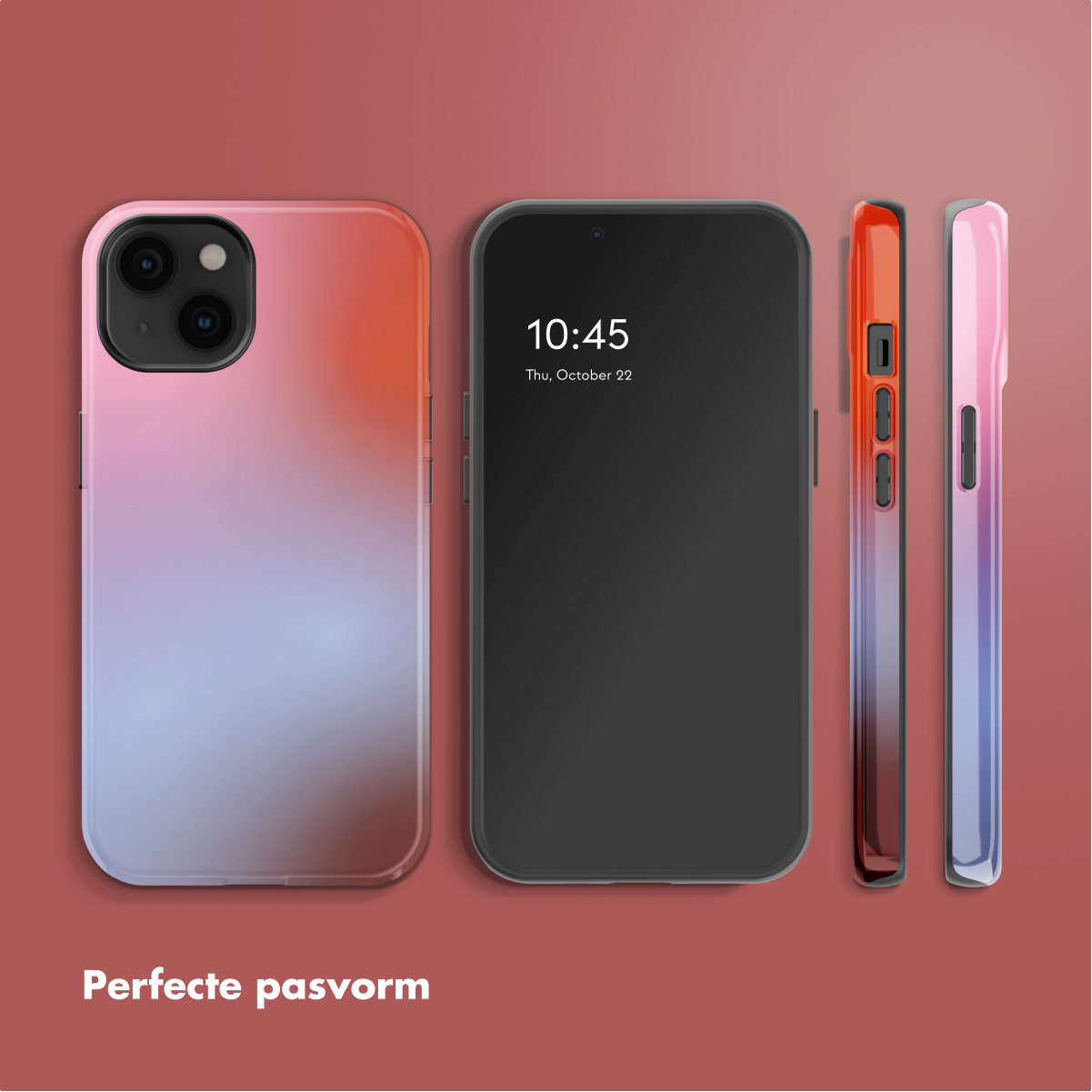 Trois smartphones avec des étuis dégradés sur fond rouge. Un téléphone affiche 10h45. Les étuis sont orange, rose et violet.