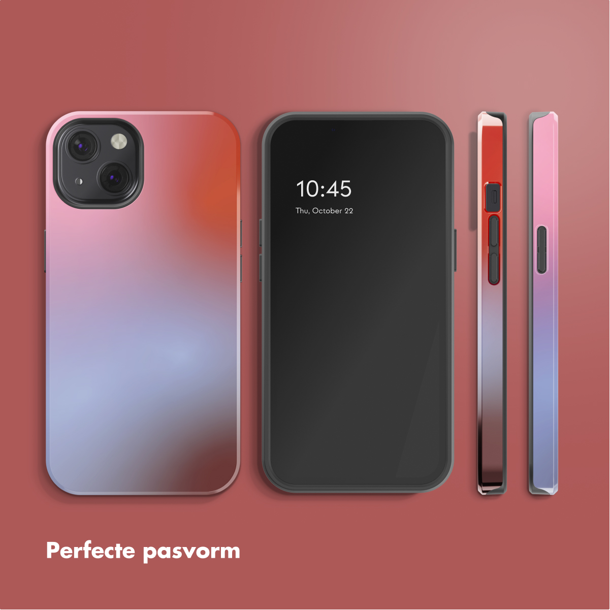 L'immagine mostra un telefono e tre custodie. Lo schermo del telefono mostra l'ora. Le custodie mostrano sfumature di rosa, rosso e blu.