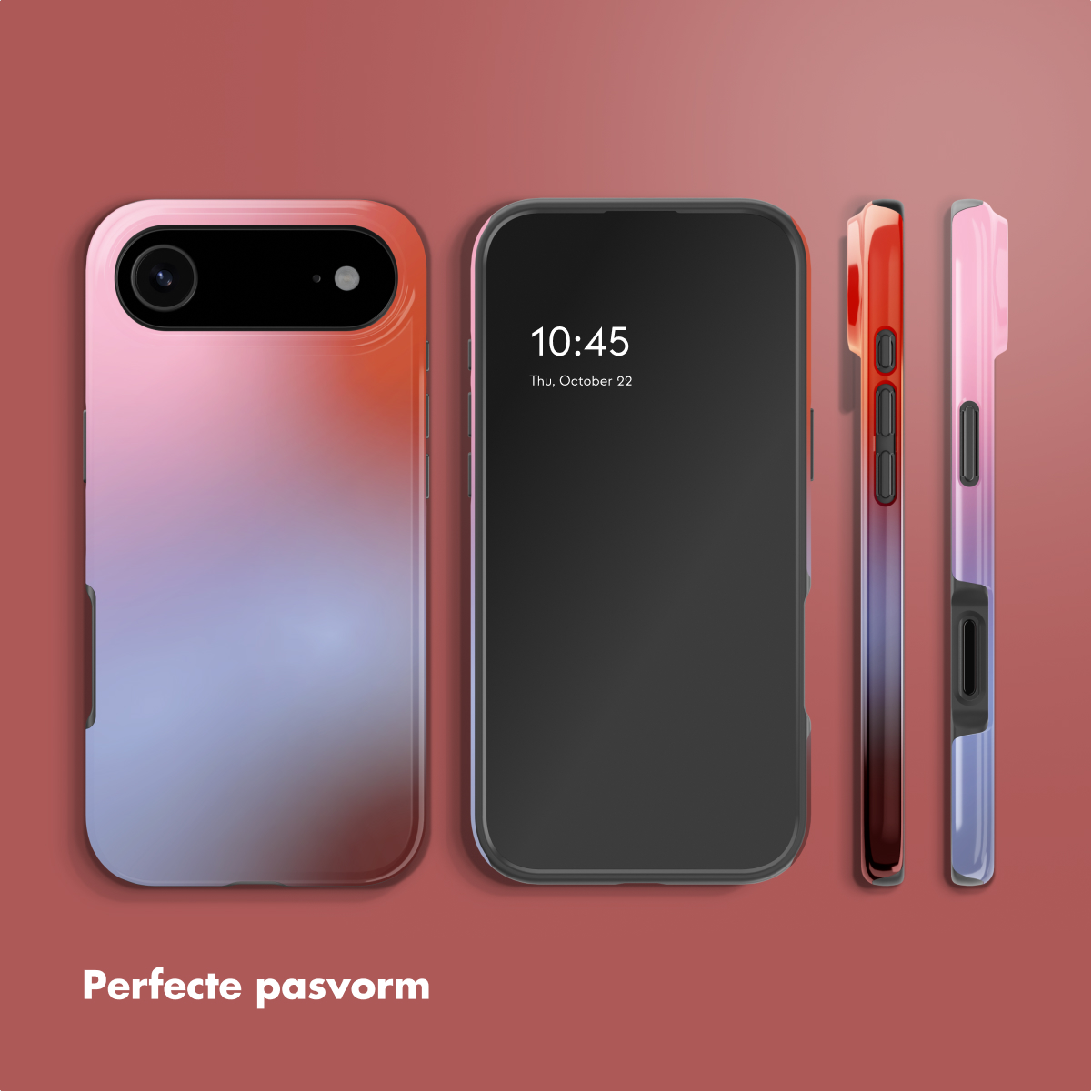 L'image montre trois téléphones avec des étuis colorés. Le téléphone central affiche une horloge. Le bas indique "Ajustement parfait".