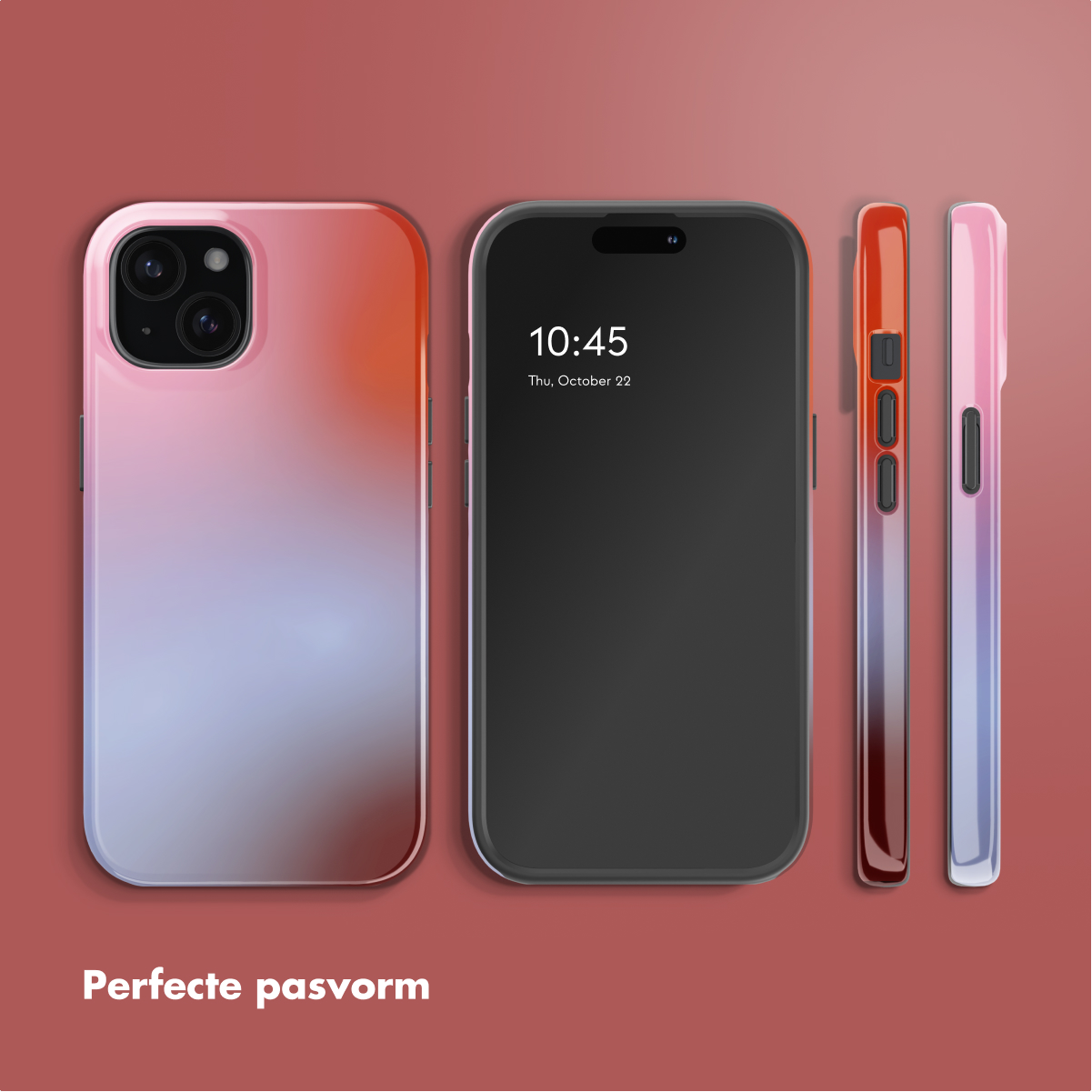 Een telefoon en drie hoesjes. De telefoon toont de tijd. Hoesjes in roze, rode en paarse tinten op een rode achtergrond.