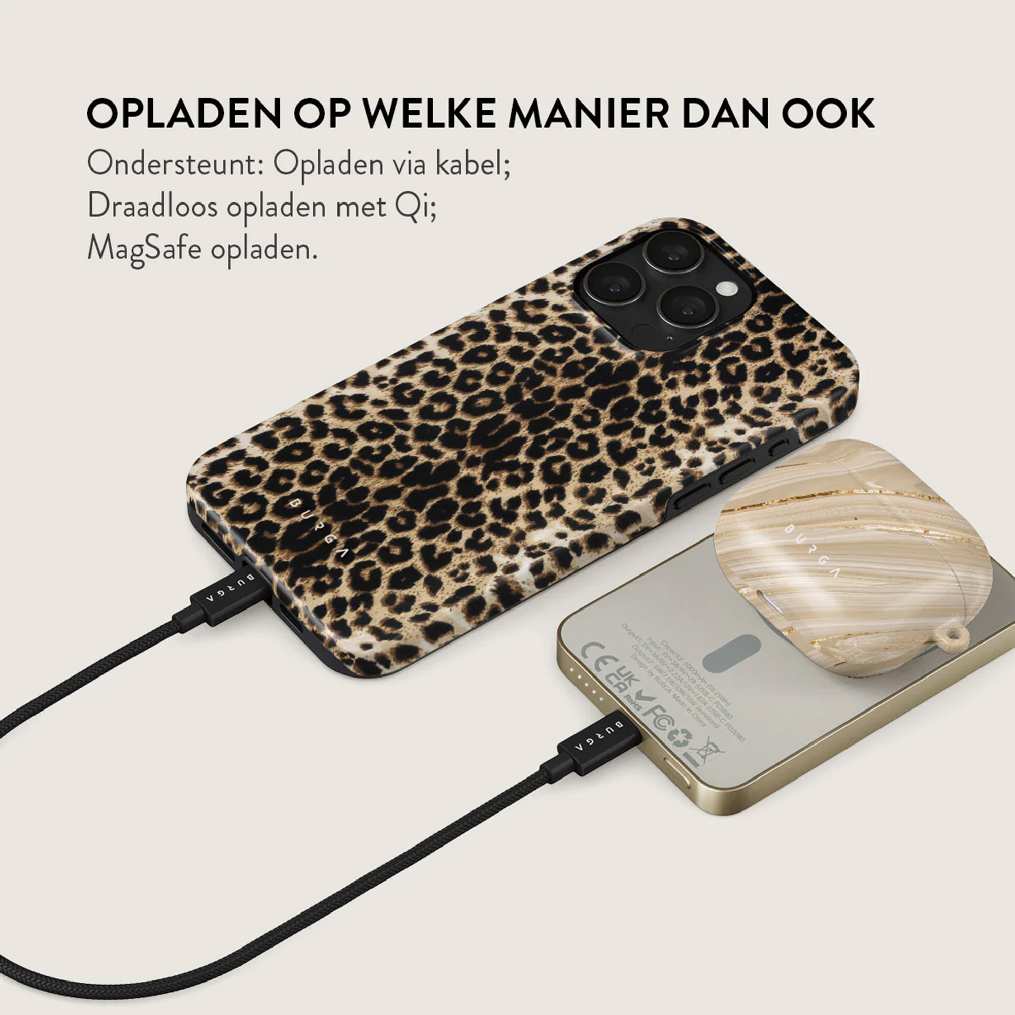 Téléphone avec étui léopard en charge. Étui AirPods sur chargeur. Texte : Options de chargement.