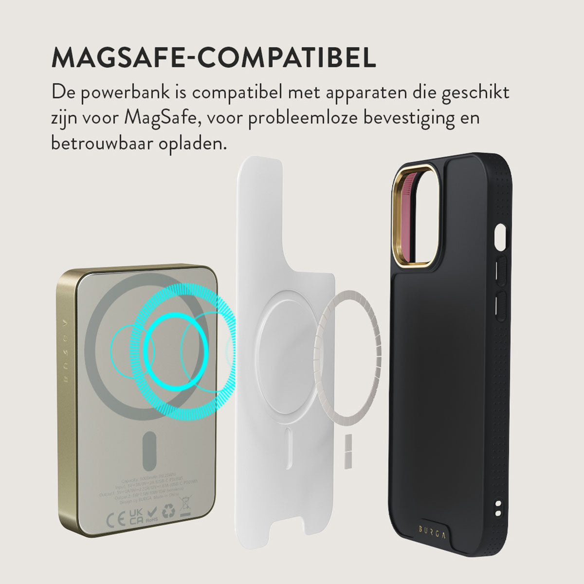 Une batterie externe compatible MagSafe avec une coque de téléphone et un accessoire magnétique blanc. La coque est noire avec un bord doré.
