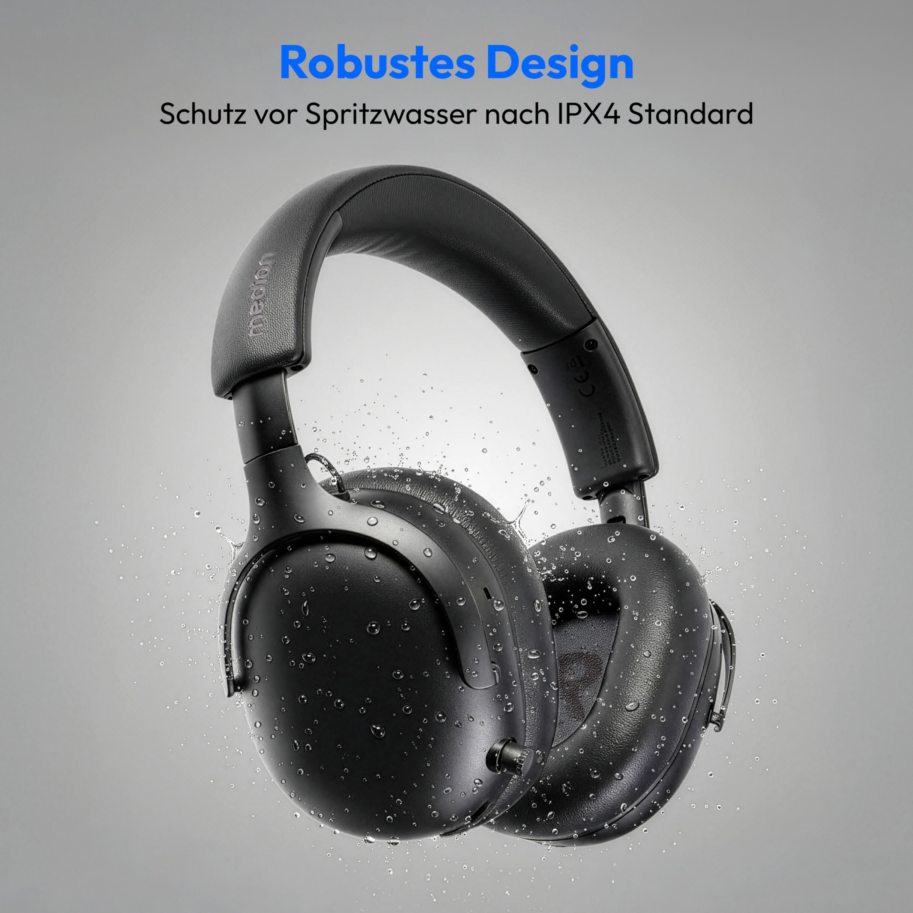 Zwarte koptelefoon met waterdruppels. Titel: 'Robuust ontwerp' en 'IPX4 Standaard'.