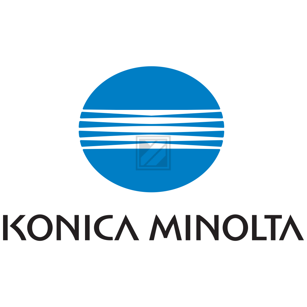 Konica Minolta logo: Een blauwe cirkel met witte lijnen en de bedrijfsnaam eronder in zwarte tekst.