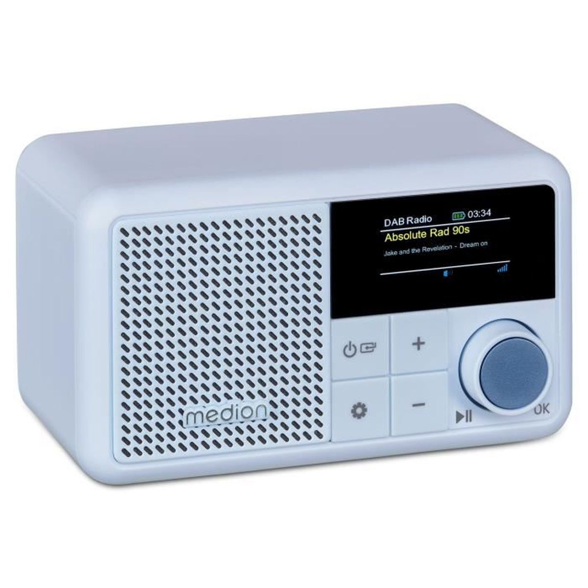 A white and blue radio with a screen displaying DAB radio information. It has buttons and a dial for control, and a speaker.
