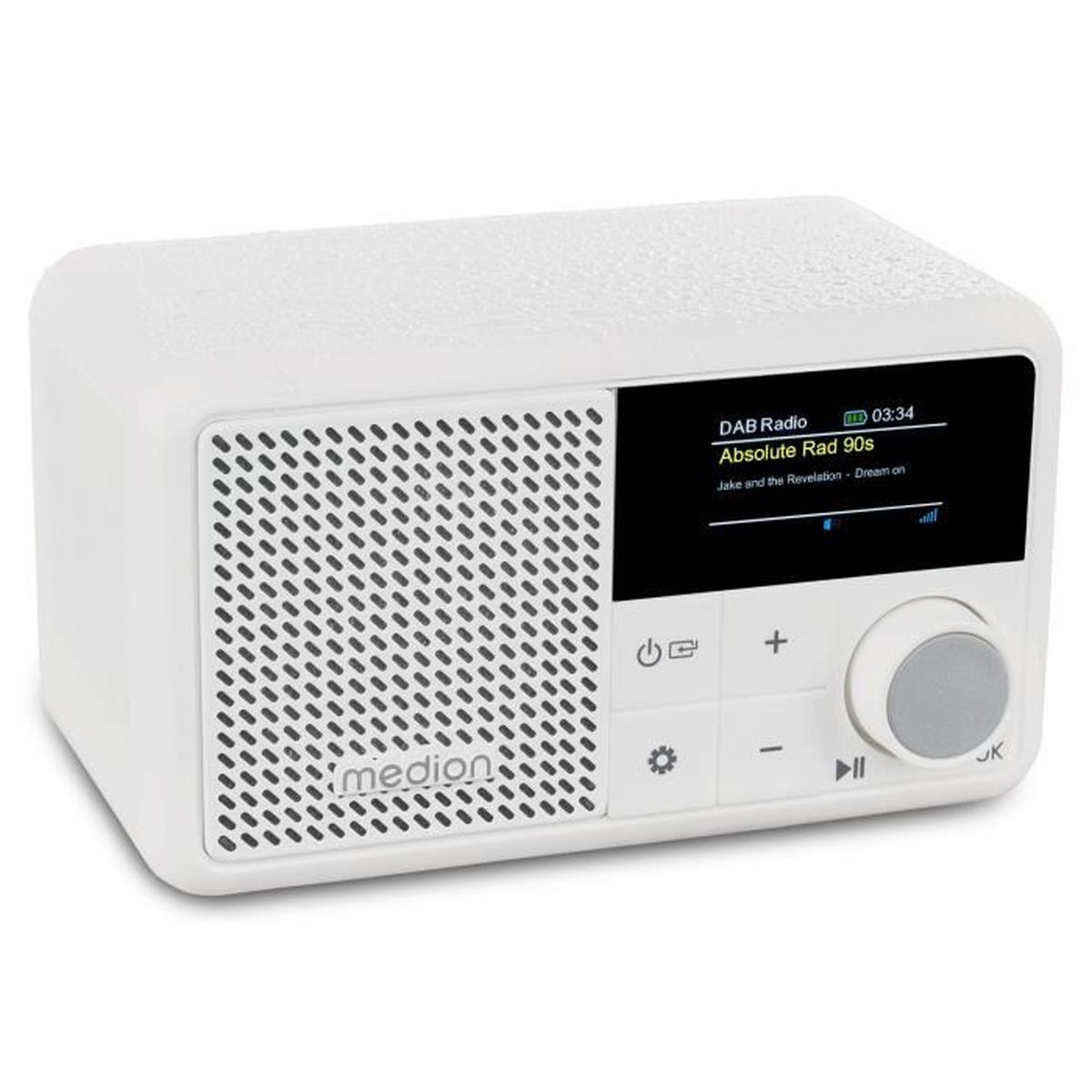 White Medion DAB radio. Screen displays station, time. Has buttons: power, settings, volume, play. Gray dial for tuning.
