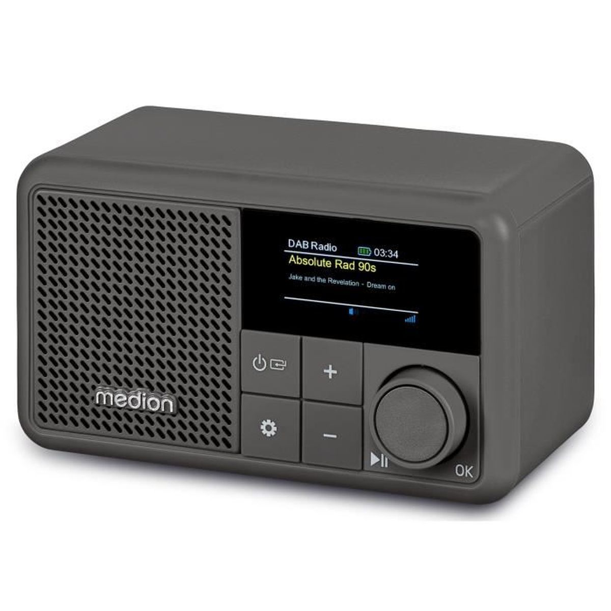 A gray Medion DAB radio displays song information on a screen. Controls include buttons and a dial. The radio is on a white surface.