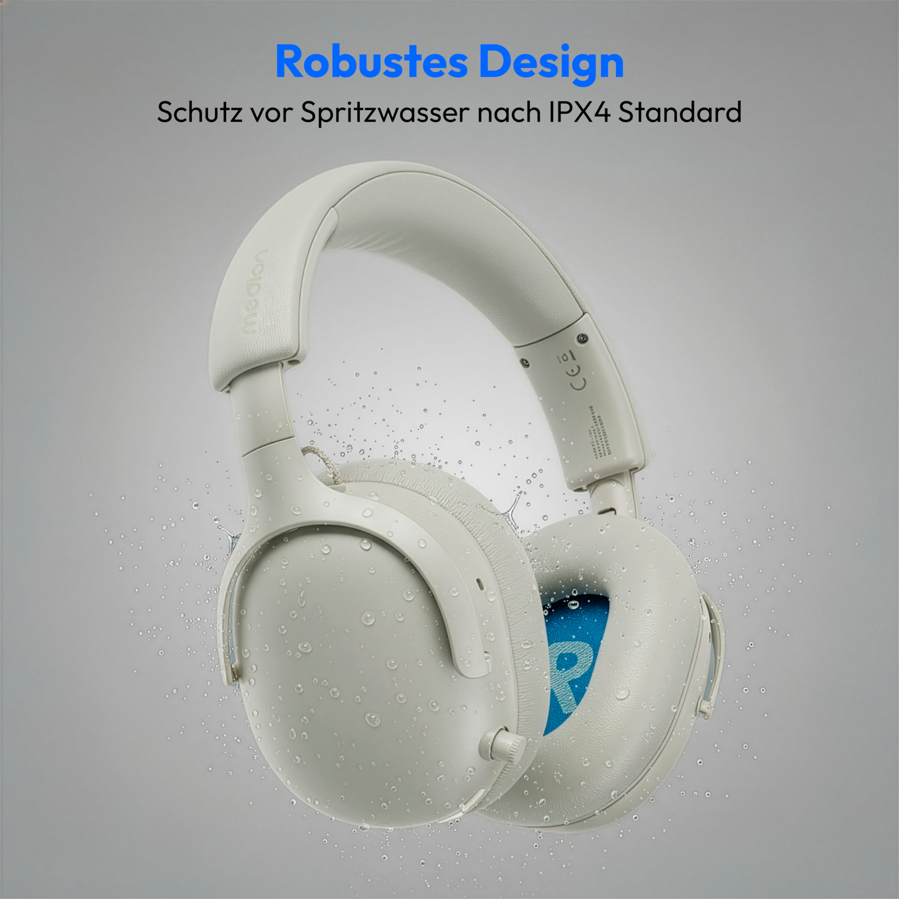 Witte koptelefoon met waterdruppels. Tekst zegt 'Robuust ontwerp' en 'Spatbescherming IPX4 Standaard'.