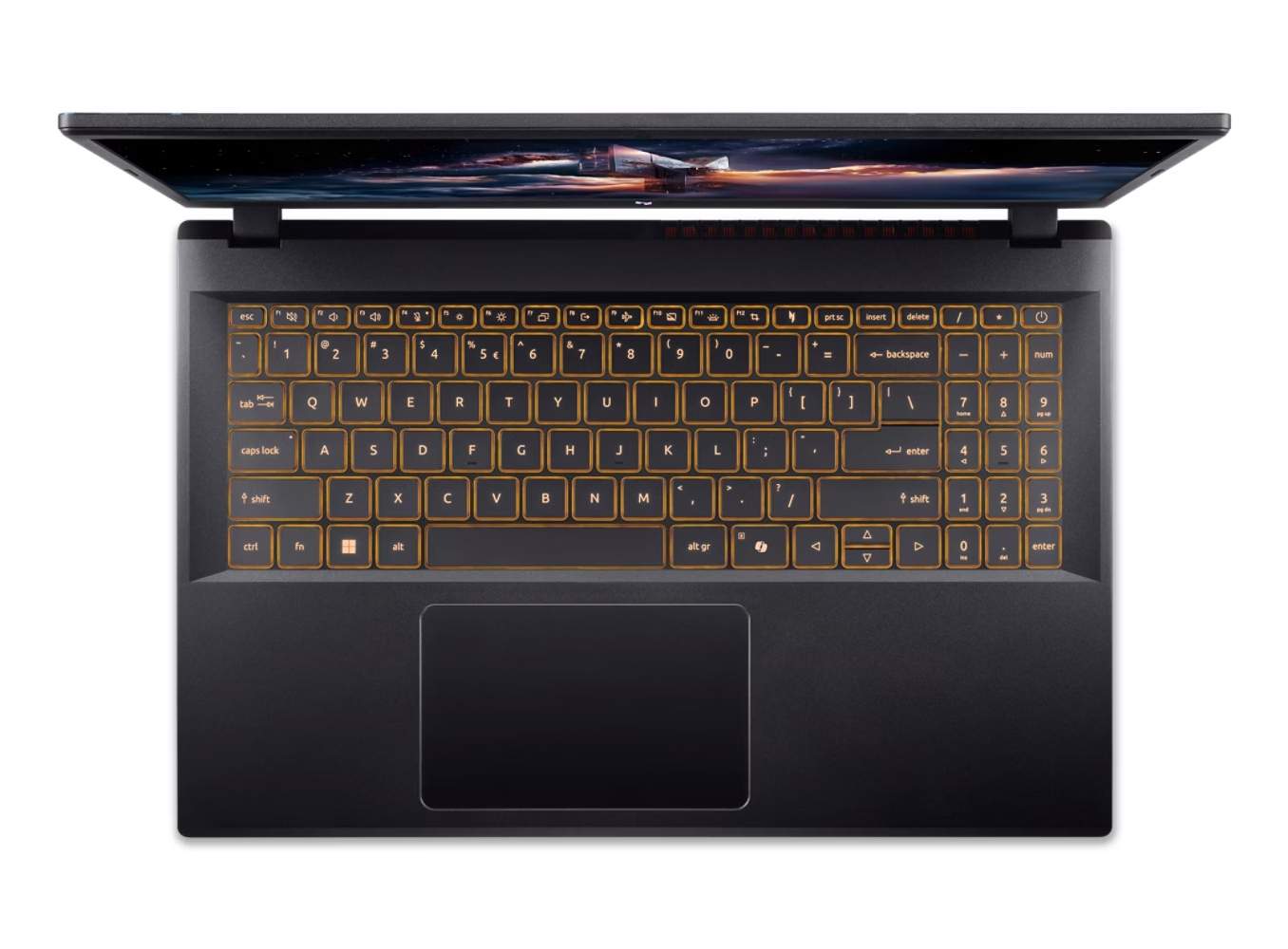 Vista dall'alto di un laptop nero con tastiera illuminata di arancione. Lo schermo mostra una scena nuvolosa.