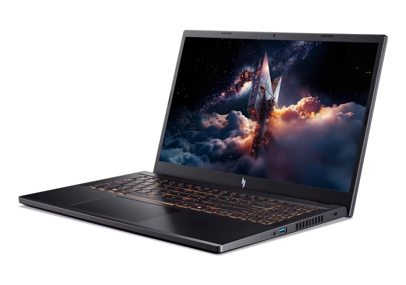 Un laptop nero con tastiera illuminata e schermo con un'astronave su sfondo di nuvole e spazio.