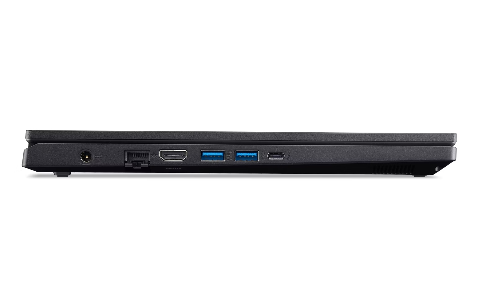 Vista laterale di un laptop nero. Le porte includono alimentazione, Ethernet, HDMI, USB e USB-C. Sfondo bianco.